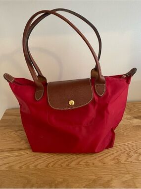 Longchamp Red Nylon Tote with Brown Leather Trim